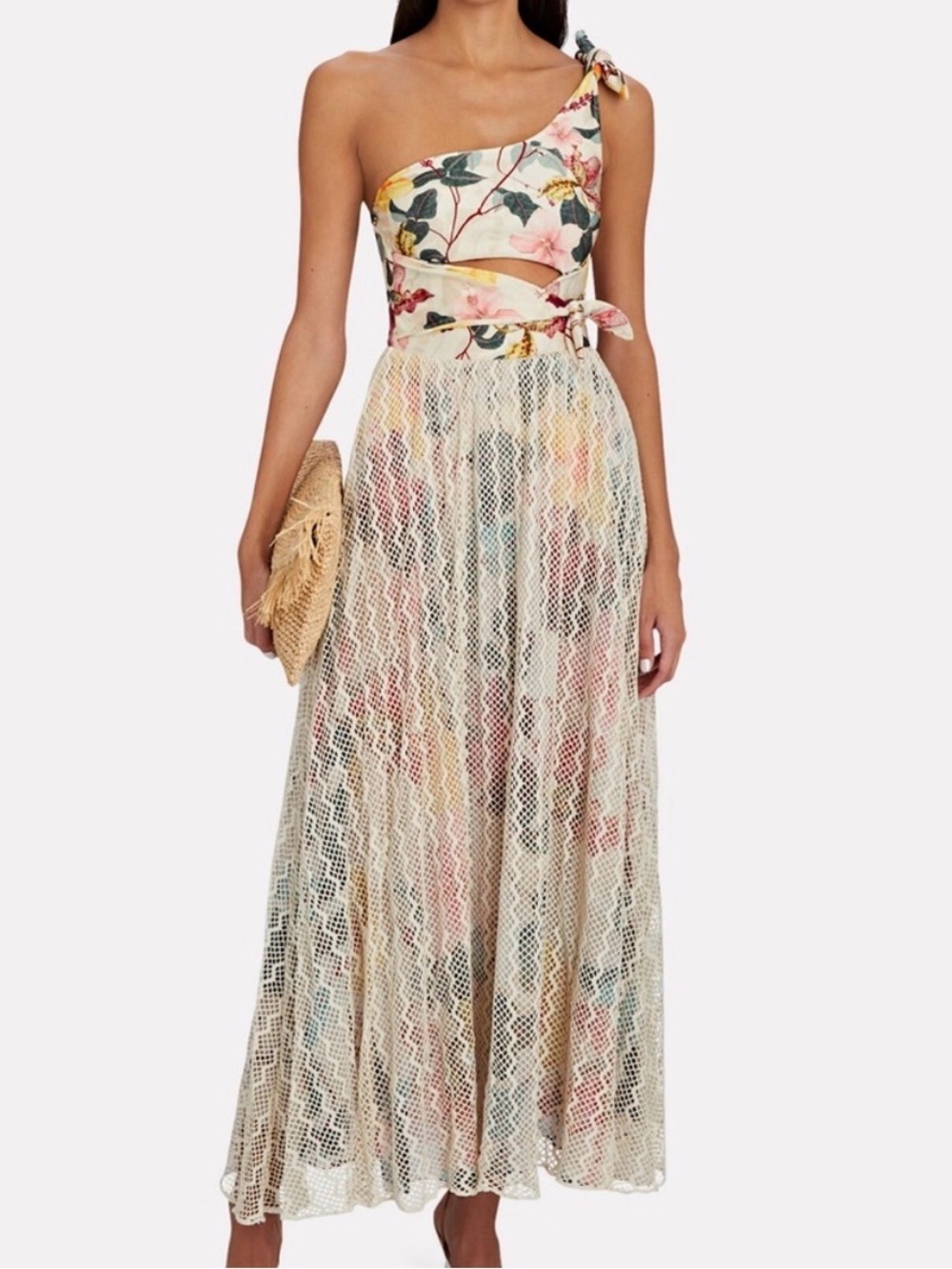 PatBO One-Shoulder Floral Maxi Dress in Cream and Pink